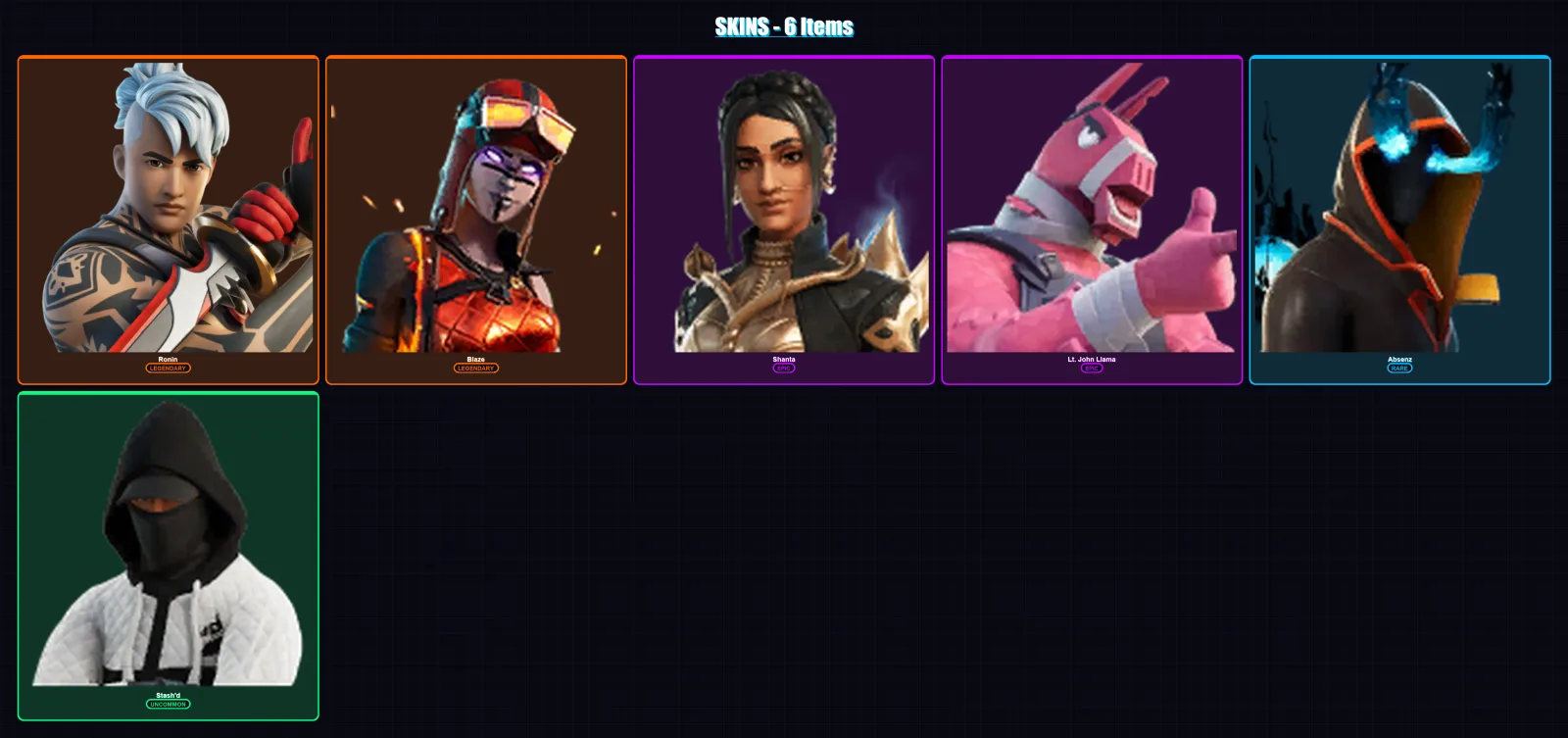 [PC/XBOX/PSN] | Ronin | Blaze | Shanta | Lt. John Llama | Absenz | 6 skin | 5 pickaxe | 7 emote | 6 glider | Lv44