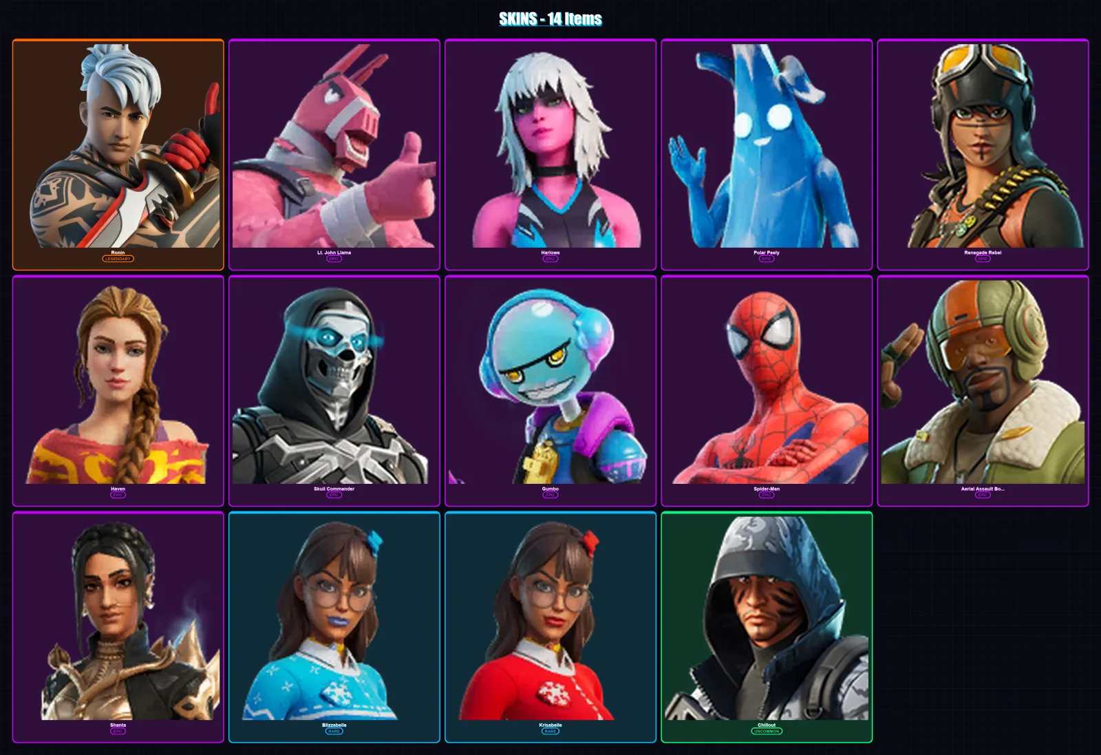 [PC/XBOX/PSN] | Ronin | Lt. John Llama | Harlowe | Polar Peely | Renegade Rebel | 14 skin | 24 pickaxe | 15 emote | 20 glider | Lv208 — Fortnite account