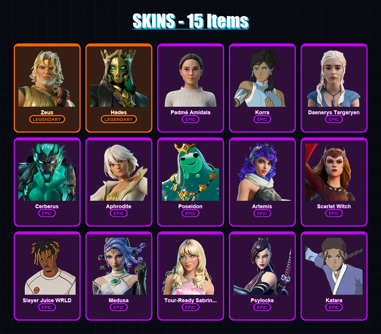 [SWITCH/XBOX/PSN/PC] | Zeus | Hades | Padmé Amidala | Korra | Daenerys Targaryen | 15 skin | 34 pickaxe | 21 emote | 28 glider | Lv294
