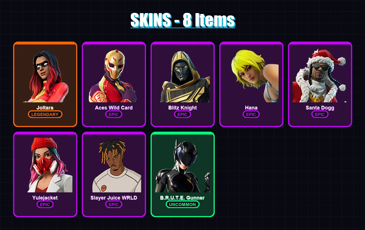 [PC/XBOX/PSN] | Joltara | Aces Wild Card | Blitz Knight | Hana | Santa Dogg | 8 skin | 29 pickaxe | 13 emote | 19 glider | Lv238