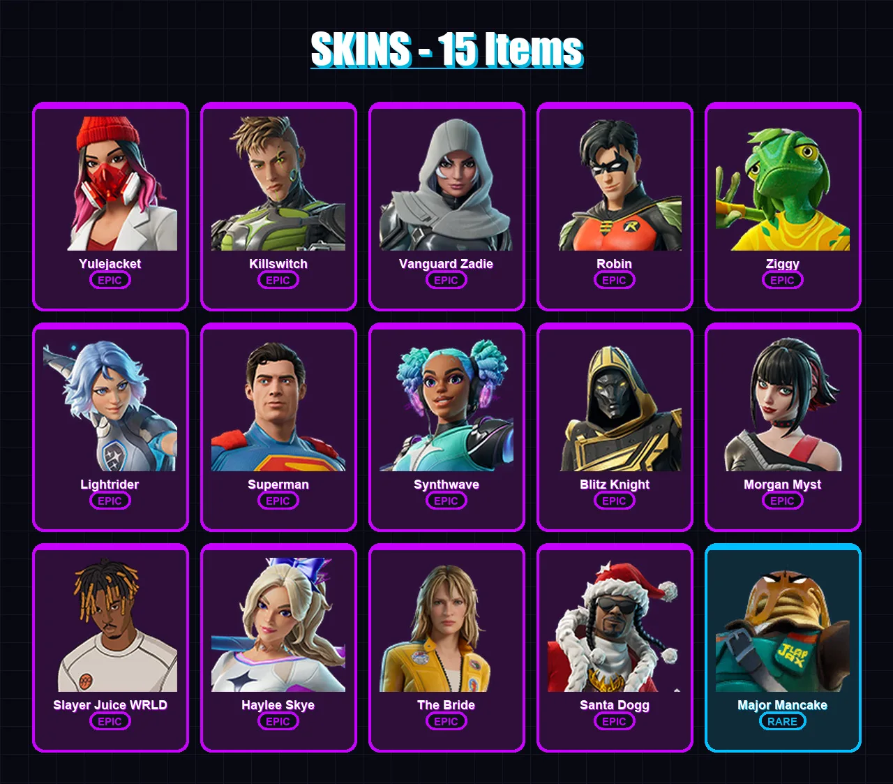 [PC/XBOX/PSN] | Yulejacket | Killswitch | Vanguard Zadie | Robin | Ziggy | 15 skin | 63 pickaxe | 32 emote | 44 glider | Lv605