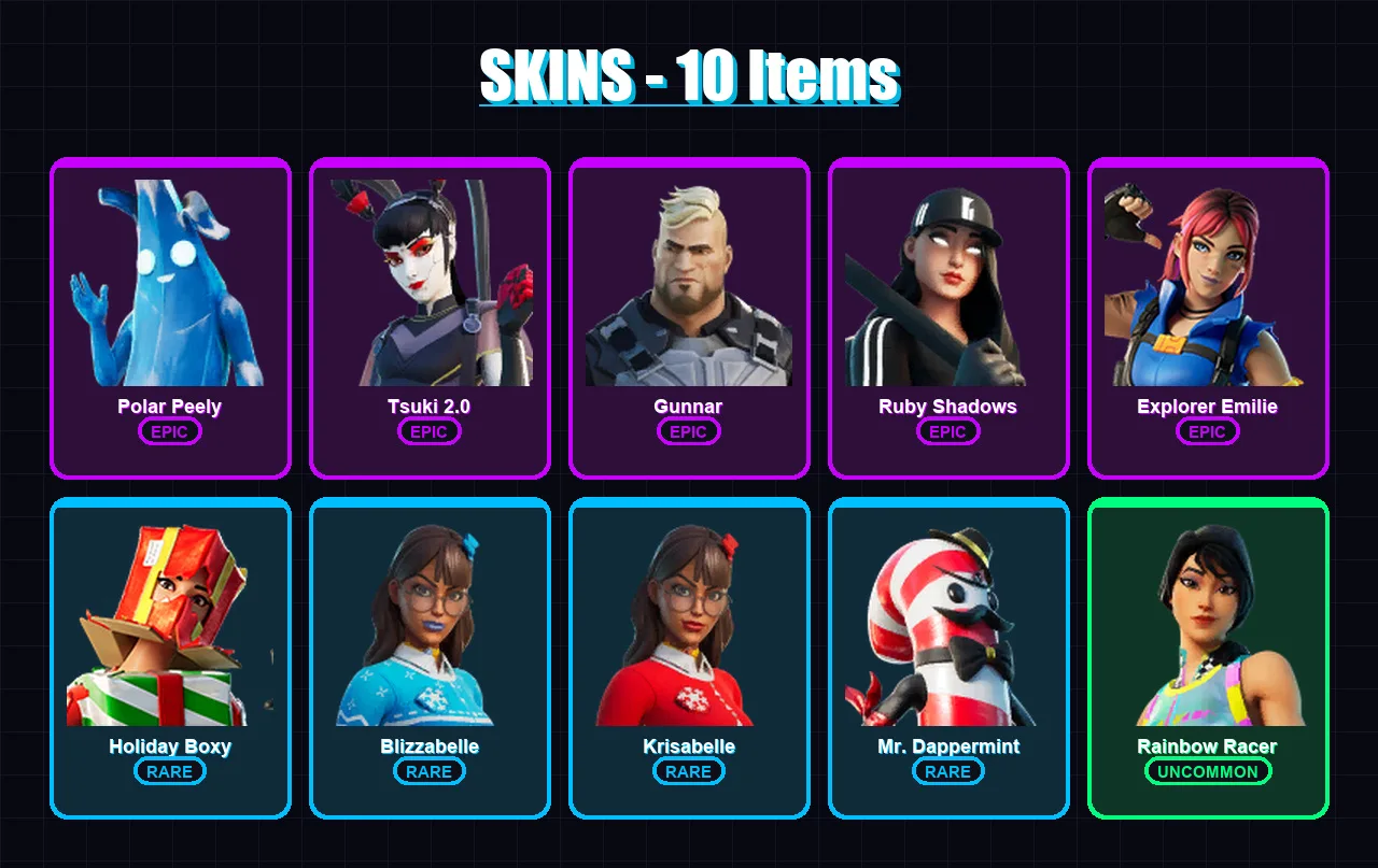 [PC/XBOX/PSN] | Polar Peely | Tsuki 2.0 | Gunnar | Ruby Shadows | Explorer Emilie | 10 skin | 18 pickaxe | 14 emote | 26 glider | Lv558