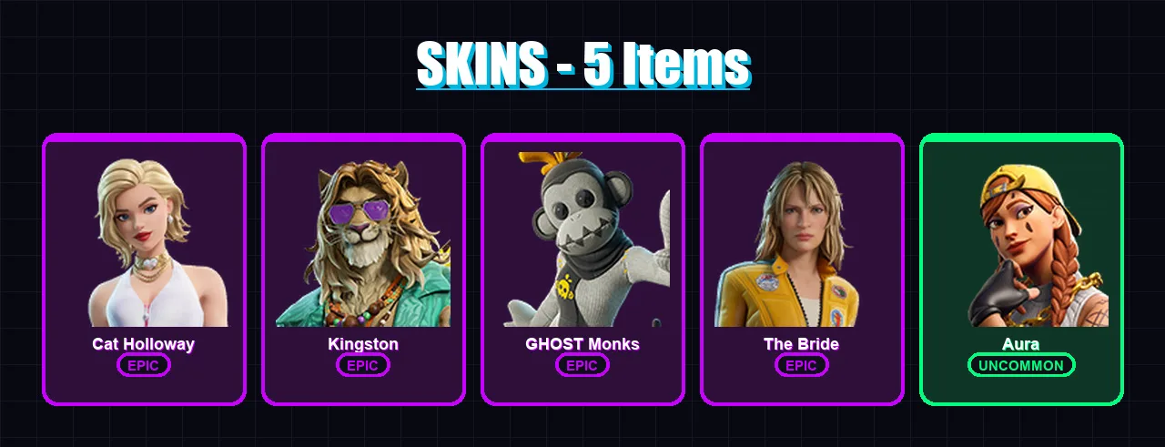 [PS4/PS5/XBOX/PC] | Cat Holloway | Kingston | GHOST Monks | The Bride | Aura | 5 skin | 8 pickaxe | 6 emote | 7 glider | Lv38