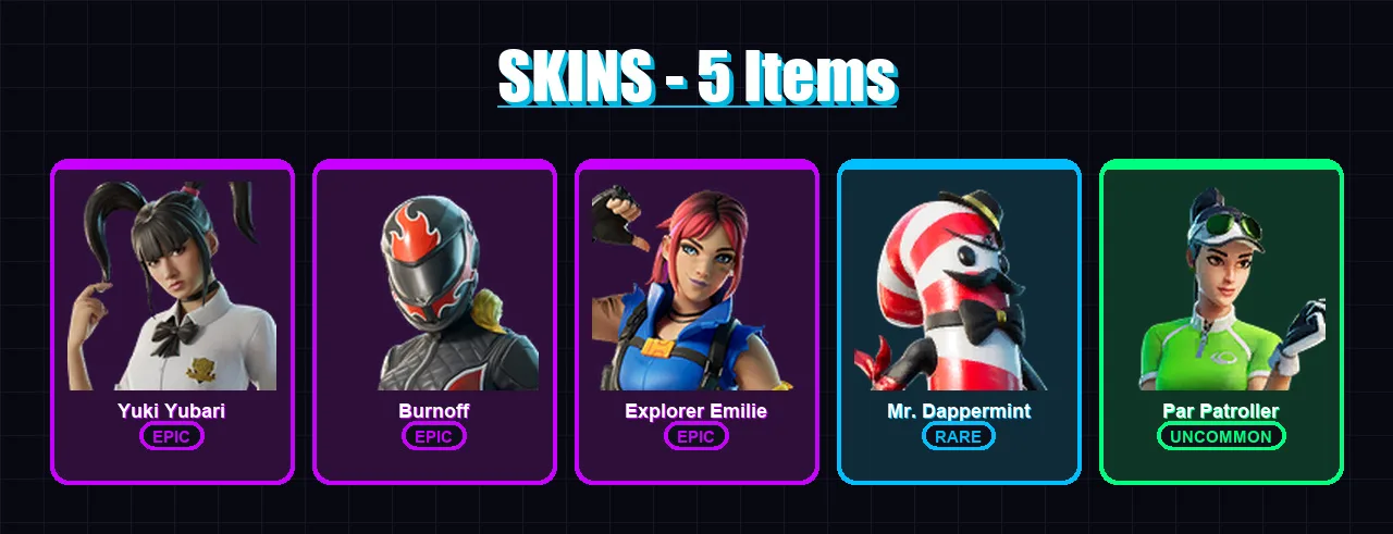 [PC/XBOX] | Yuki Yubari | Burnoff | Explorer Emilie | Mr. Dappermint | Par Patroller | 5 skin | 4 pickaxe | 4 emote | 3 glider | Lv21