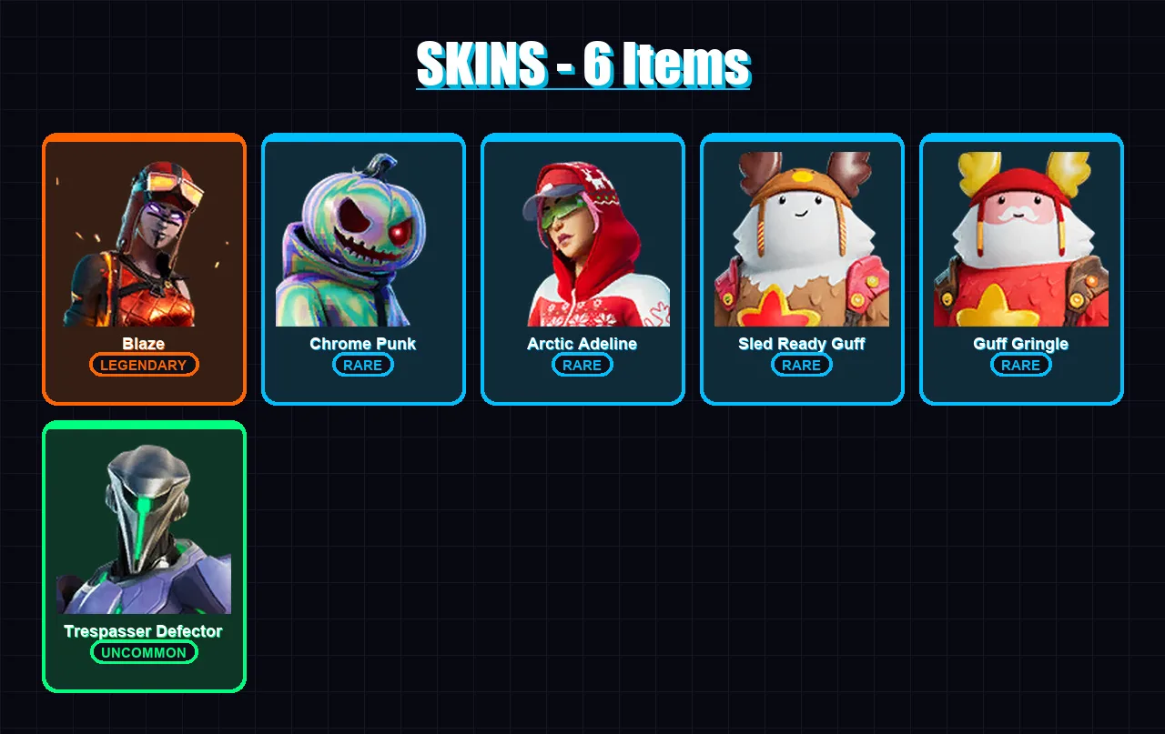 [PC/XBOX/PSN] | Blaze | Chrome Punk | Arctic Adeline | Sled Ready Guff | Guff Gringle | 6 skin | 22 pickaxe | 30 emote | 24 glider | Lv867