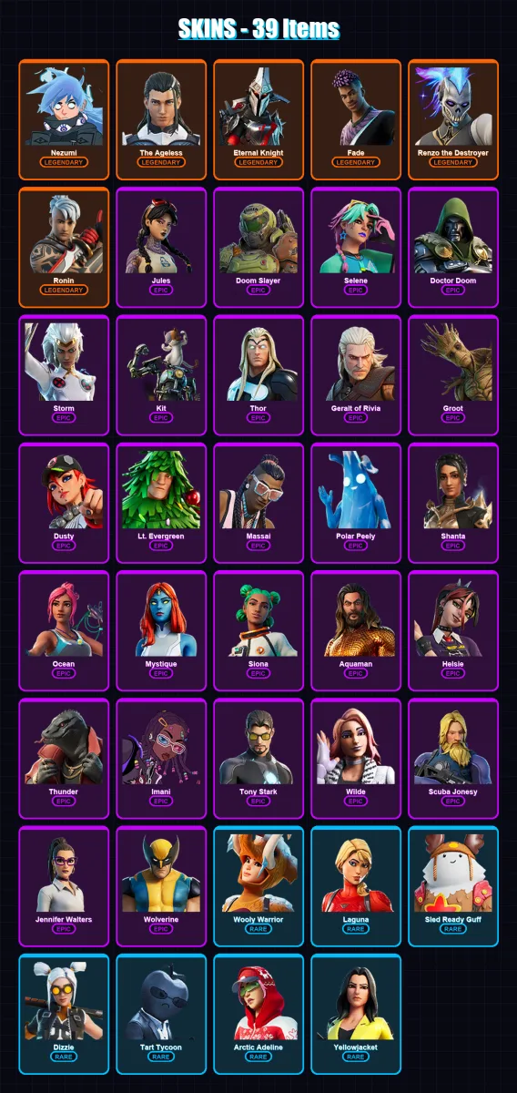 [PS4/PS5/XBOX/PC] | Nezumi | The Ageless | Eternal Knight | Fade | Renzo the Destroyer | 39 skin | 47 pickaxe | 38 emote | 47 glider | Lv595