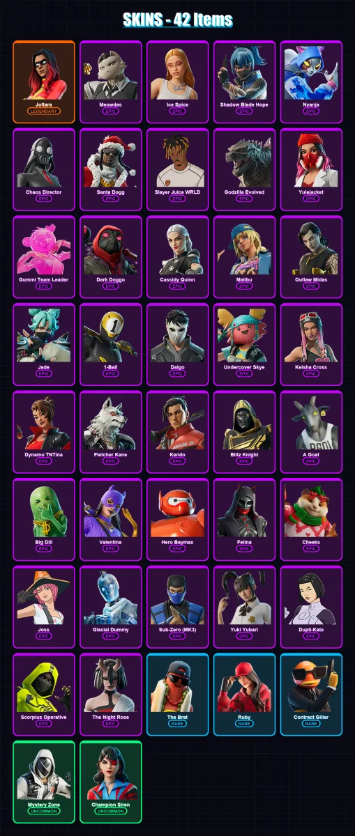 [PC/XBOX] | Joltara | Meowdas | Ice Spice | Shadow Blade Hope | Nyanja | 42 skin | 73 pickaxe | 48 emote | 50 glider | Lv779