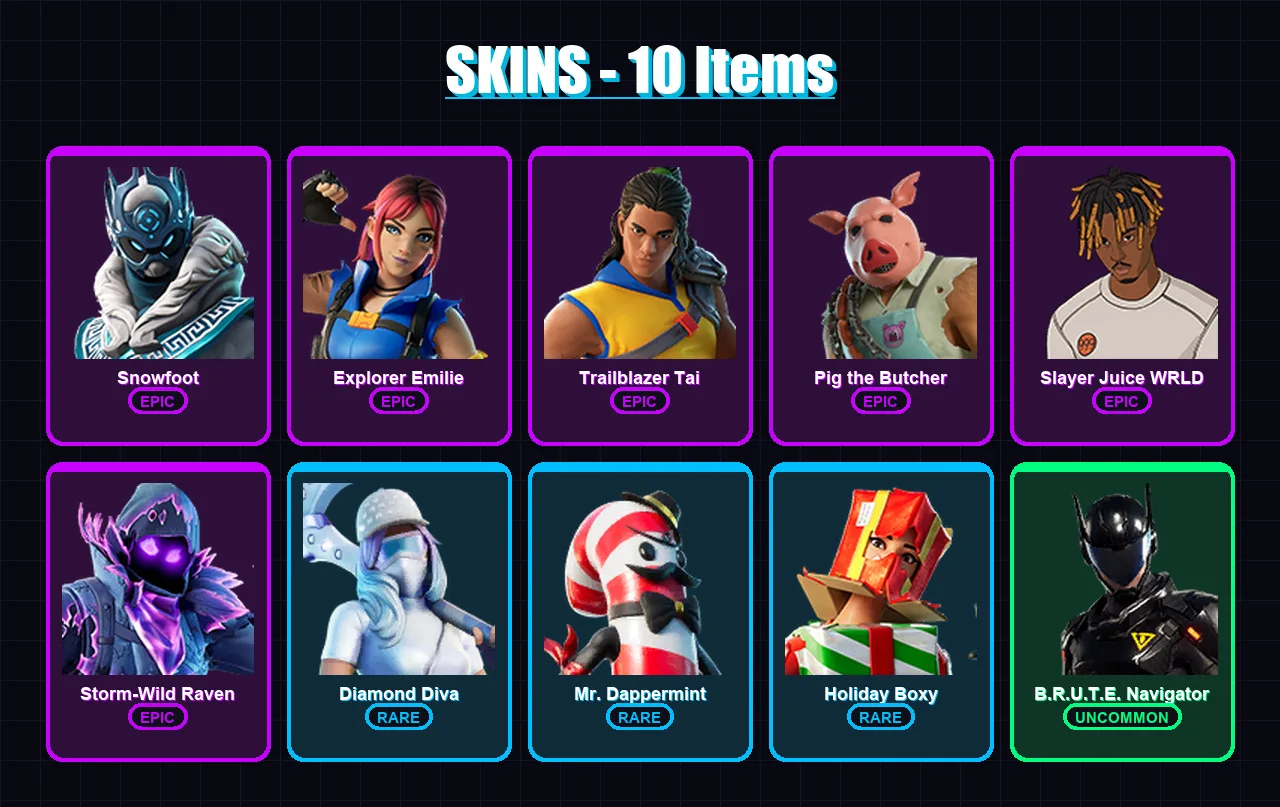 [PC/PSN] | Snowfoot | Explorer Emilie | Trailblazer Tai | Pig the Butcher | Slayer Juice WRLD | 10 skin | 36 pickaxe | 18 emote | 32 glider | Lv550
