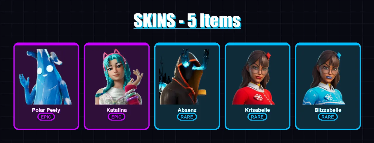 [PC/PSN] | Polar Peely | Katalina | Absenz | Krisabelle | Blizzabelle | 5 skin | 14 pickaxe | 12 emote | 7 glider | Lv91