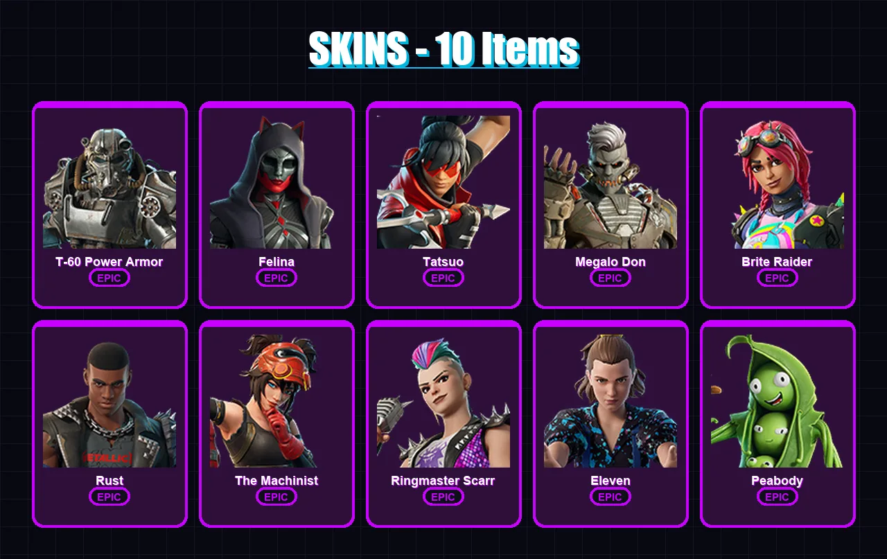 [PS4/PS5/PC] | T-60 Power Armor | Felina | Tatsuo | Megalo Don | Brite Raider | 10 skin | 21 pickaxe | 13 emote | 15 glider | Lv210