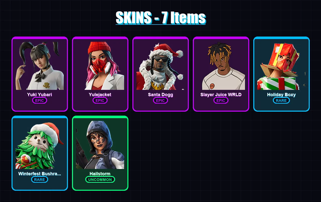 [PC/XBOX/PSN] | Yuki Yubari | Yulejacket | Santa Dogg | Slayer Juice WRLD | Holiday Boxy | 7 skin | 23 pickaxe | 5 emote | 13 glider | Lv111