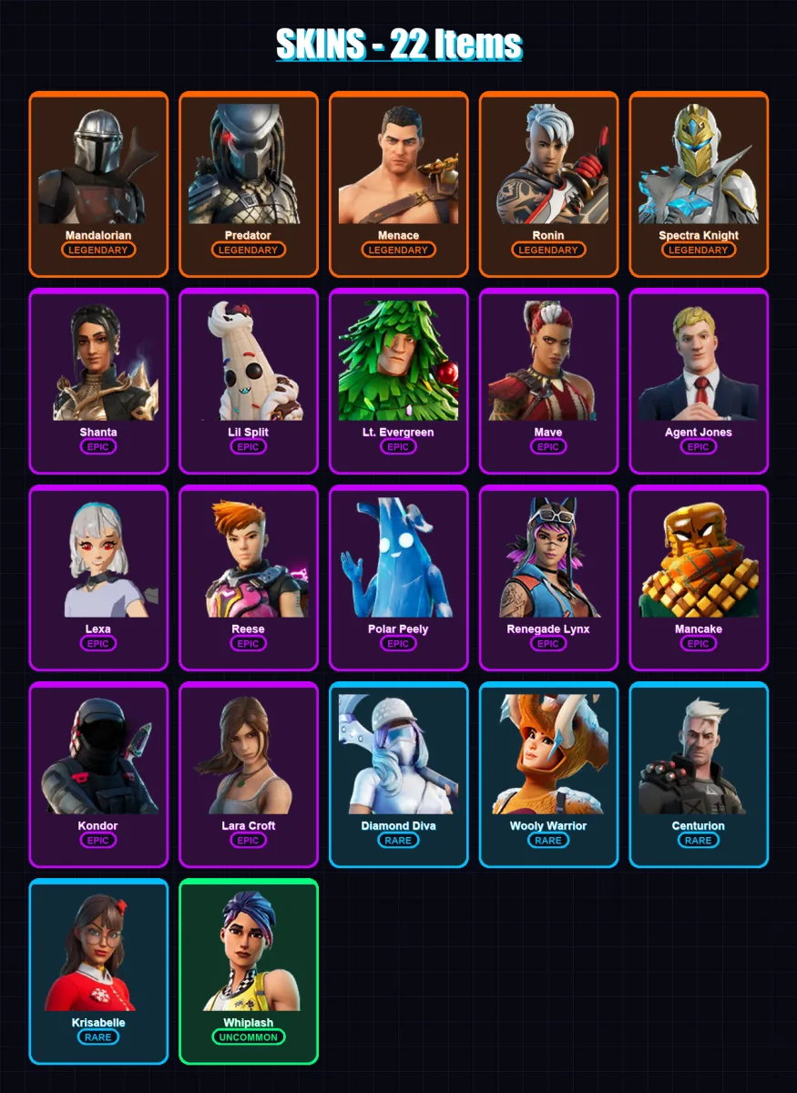 [PC/PSN] | Mandalorian | Predator | Menace | Ronin | Spectra Knight | 22 skin | 40 pickaxe | 36 emote | 34 glider | Lv559