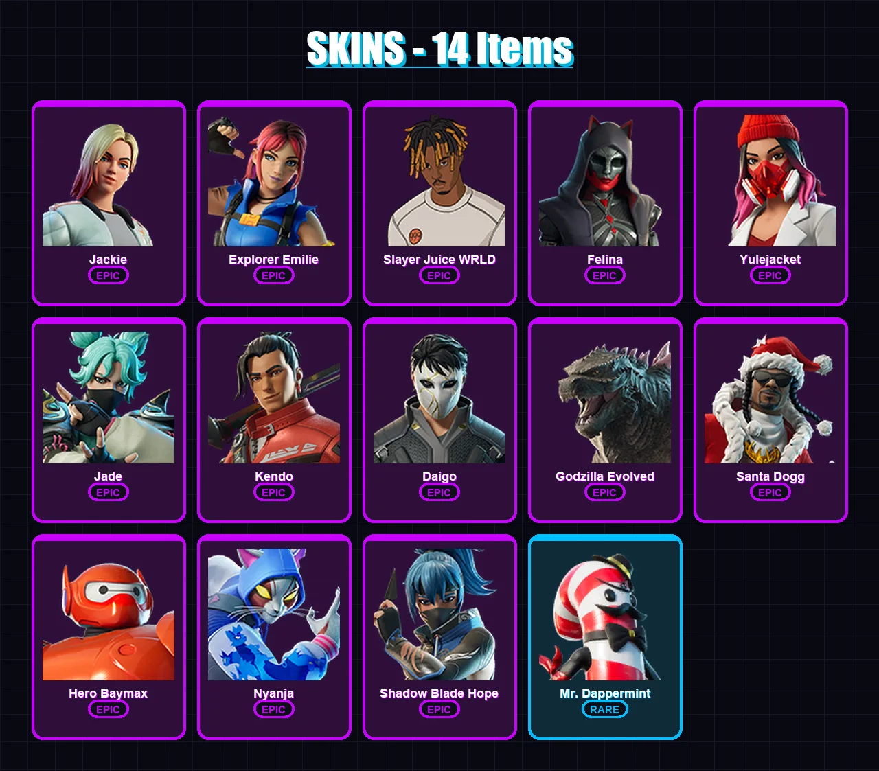 [PC/XBOX/PSN] | Jackie | Explorer Emilie | Slayer Juice WRLD | Felina | Yulejacket | 14 skin | 43 pickaxe | 19 emote | 29 glider | Lv444