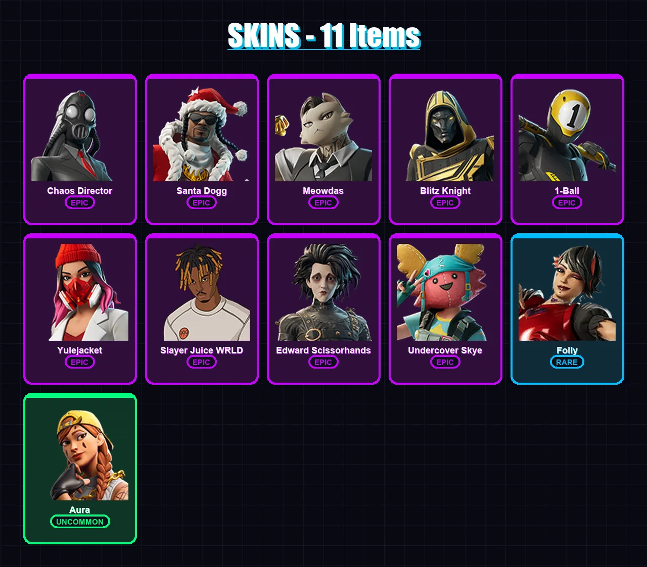 [PC/XBOX] | Chaos Director | Santa Dogg | Meowdas | Blitz Knight | 1-Ball | 11 skin | 34 pickaxe | 17 emote | 13 glider | Lv133