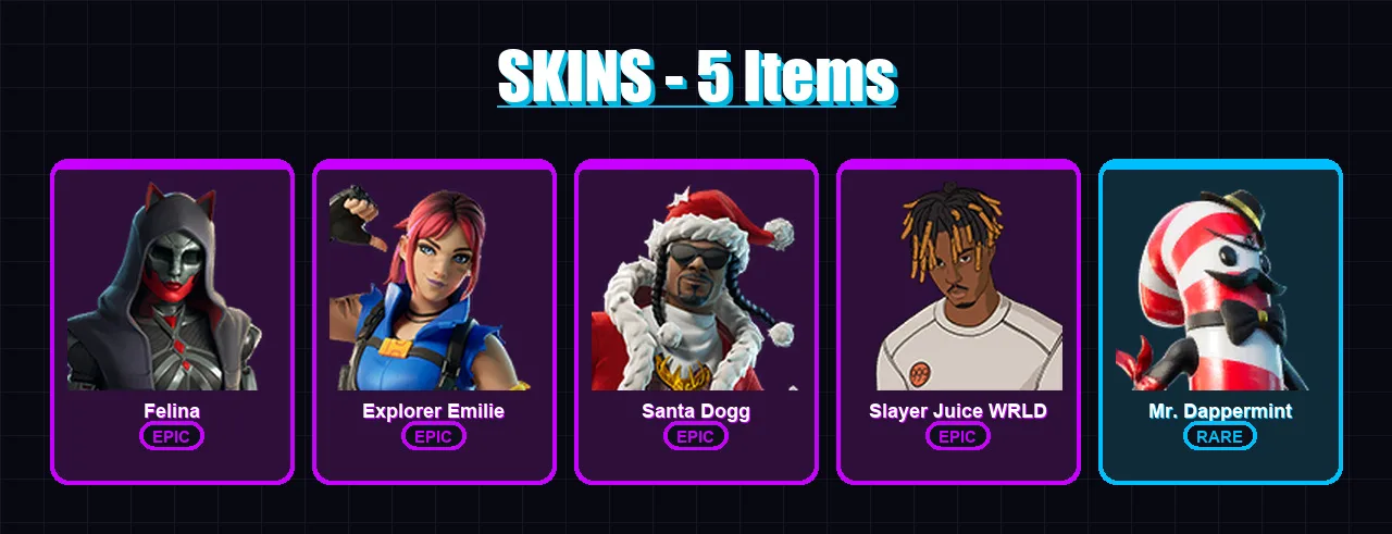 [PC/XBOX/PSN] | Felina | Explorer Emilie | Santa Dogg | Slayer Juice WRLD | Mr. Dappermint | 5 skin | 18 pickaxe | 7 emote | 12 glider | Lv152