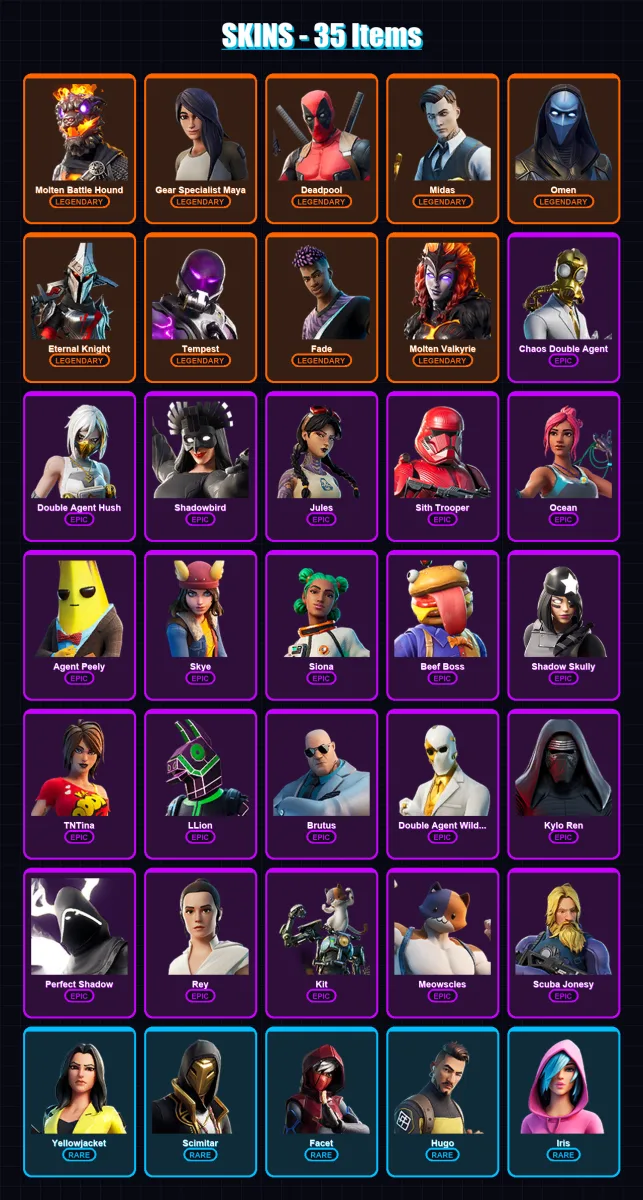 [PC/XBOX/PSN] | Molten Battle Hound | Gear Specialist Maya | Deadpool | Midas | Omen | 35 skin | 26 pickaxe | 27 emote | 26 glider | Lv283