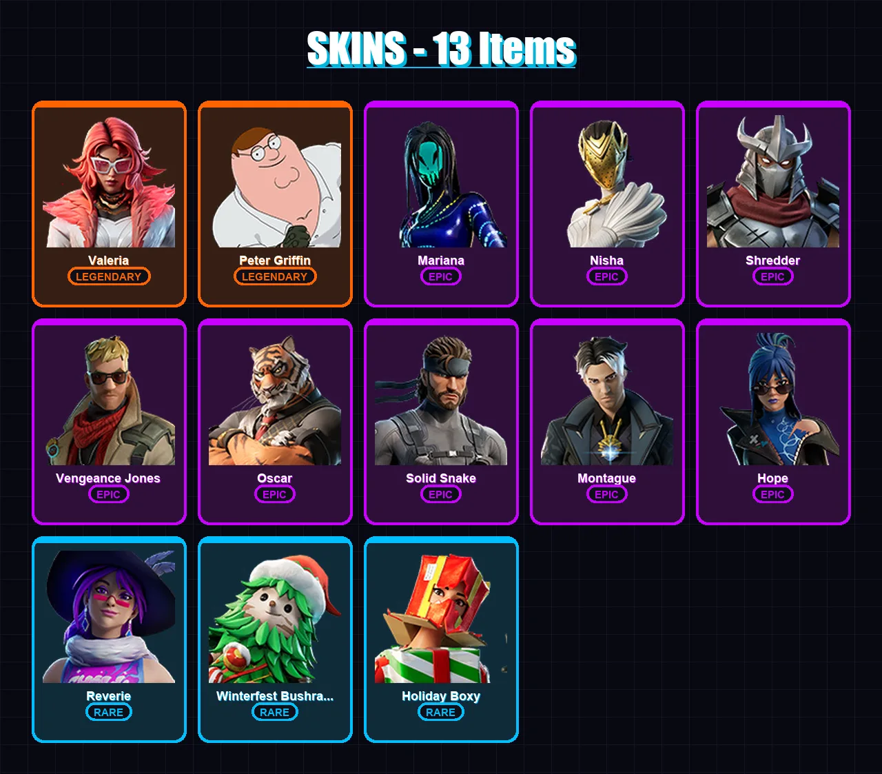 [PC/XBOX/PSN] | Valeria | Peter Griffin | Mariana | Nisha | Shredder | 13 skin | 18 pickaxe | 20 emote | 16 glider | Lv311