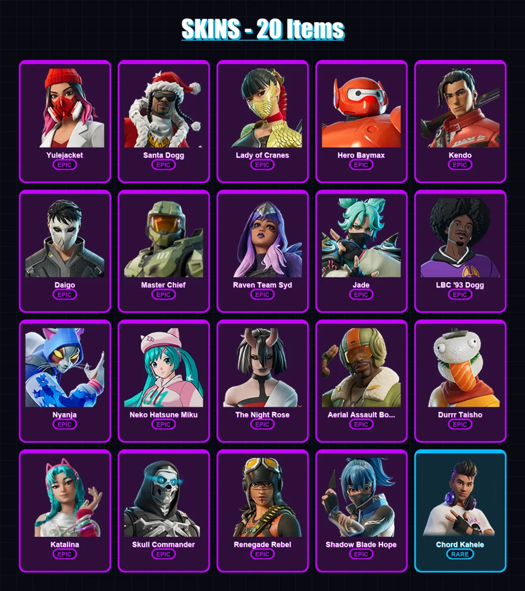 [PC/XBOX/PSN] | Yulejacket | Santa Dogg | Lady of Cranes | Hero Baymax | Kendo | 20 skin | 30 pickaxe | 18 emote | 19 glider | Lv205