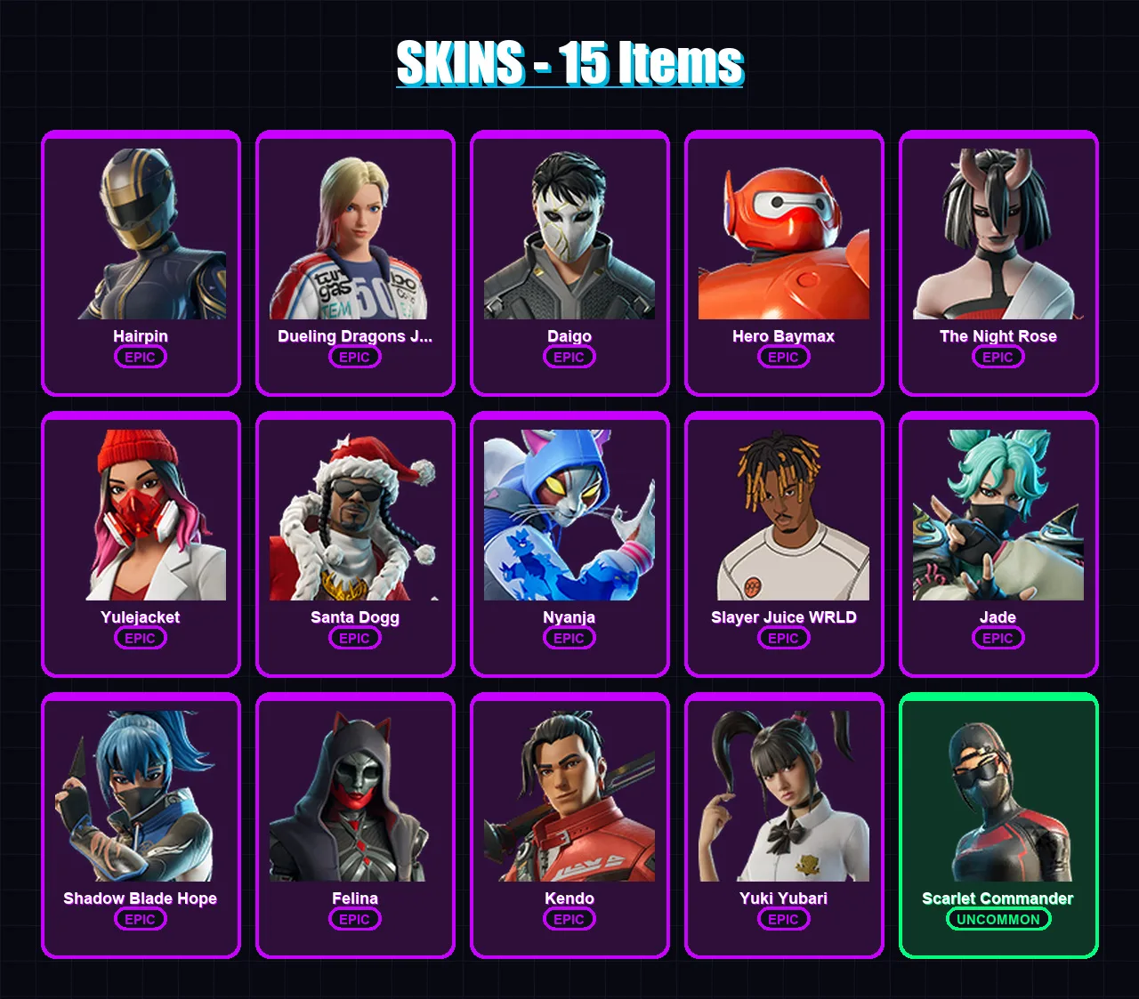 [PC/XBOX/PSN] | Hairpin | Dueling Dragons Jackie | Daigo | Hero Baymax | The Night Rose | 15 skin | 50 pickaxe | 26 emote | 35 glider | Lv674