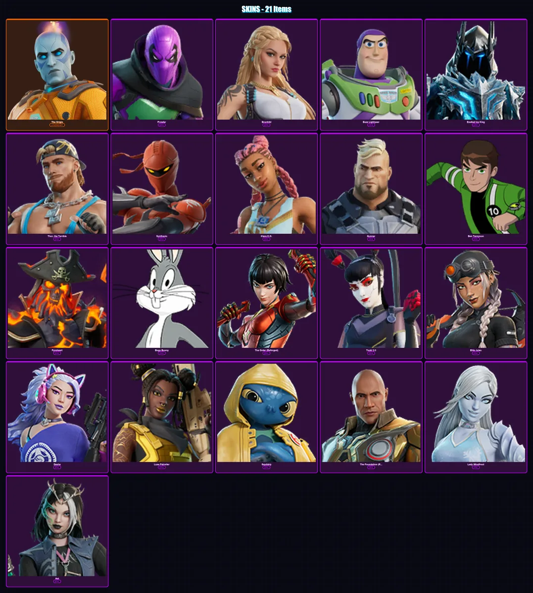 [PC/XBOX/PSN] | The Origin | Prowler | Brunhild | Buzz Lightyear | Exalted Ice King | 21 skin | 30 pickaxe | 32 emote | 29 glider | Lv294