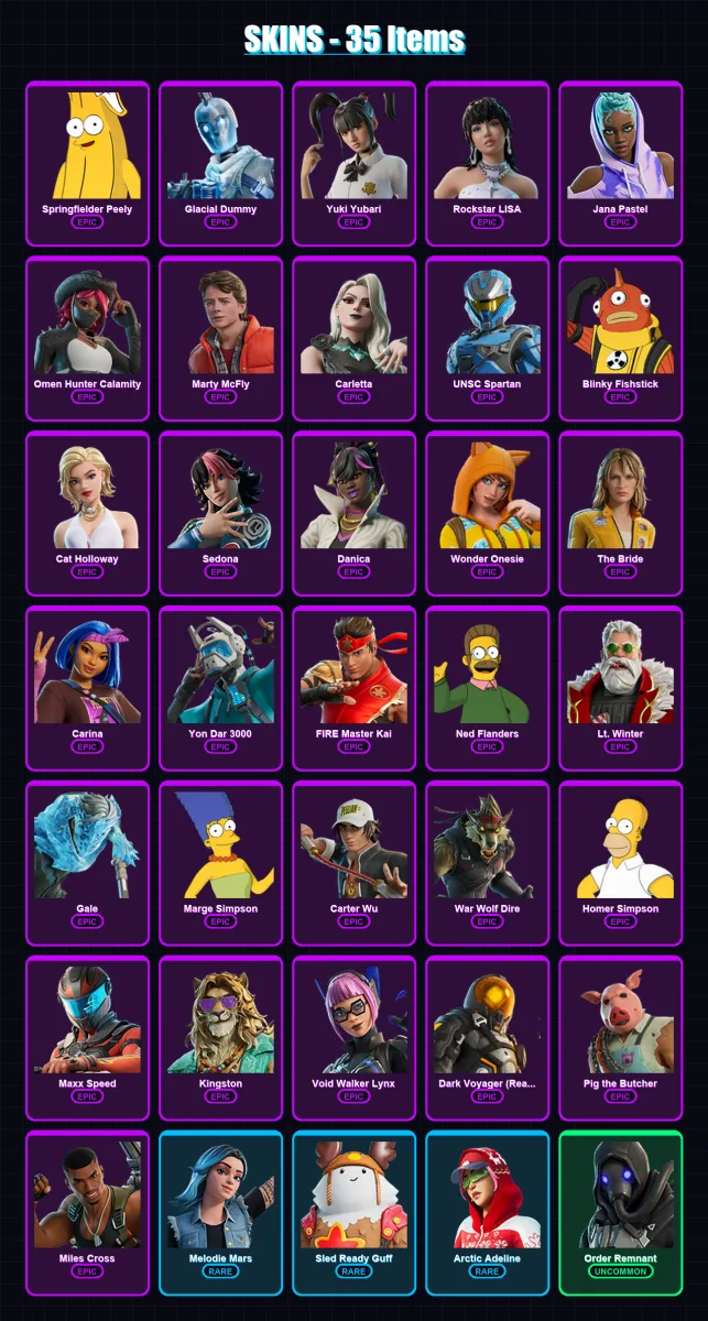 [PC/XBOX/PSN] | Springfielder Peely | Glacial Dummy | Yuki Yubari | Rockstar LISA | Jana Pastel | 35 skin | 54 pickaxe | 35 emote | 35 glider | Lv48