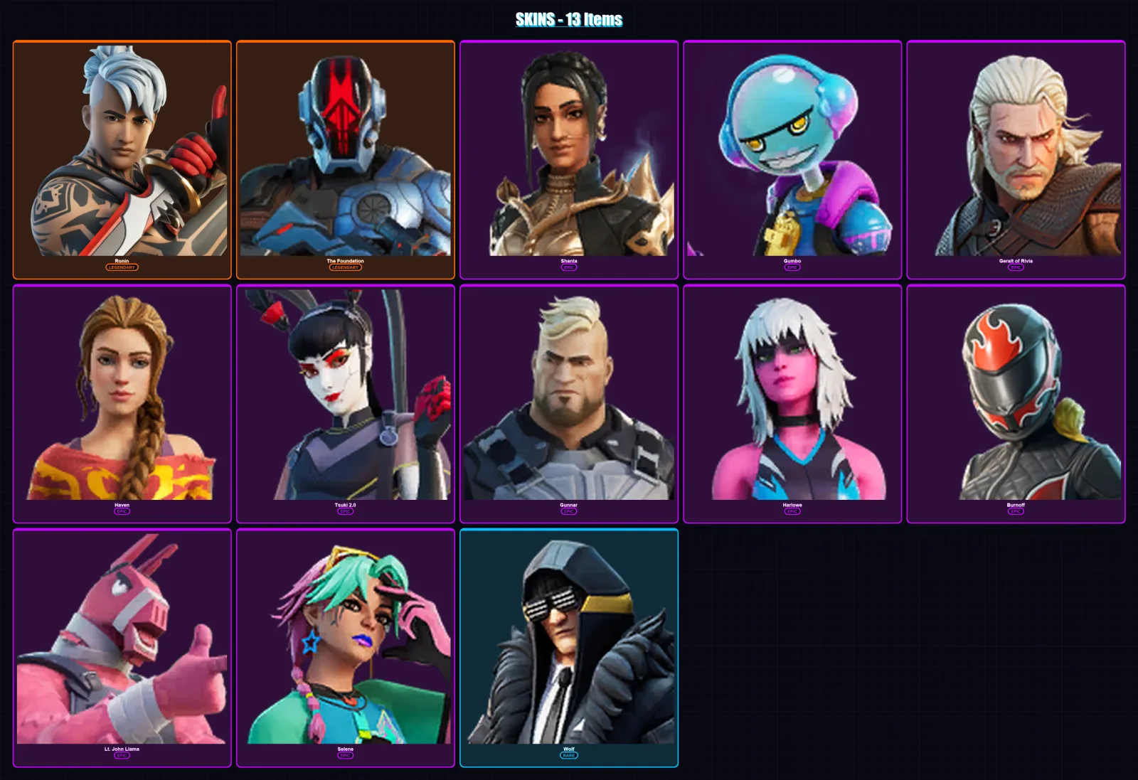 [PC/XBOX/PSN] | Ronin | The Foundation | Shanta | Gumbo | Geralt of Rivia | 13 skin | 18 pickaxe | 14 emote | 17 glider | Lv172 — Fortnite account