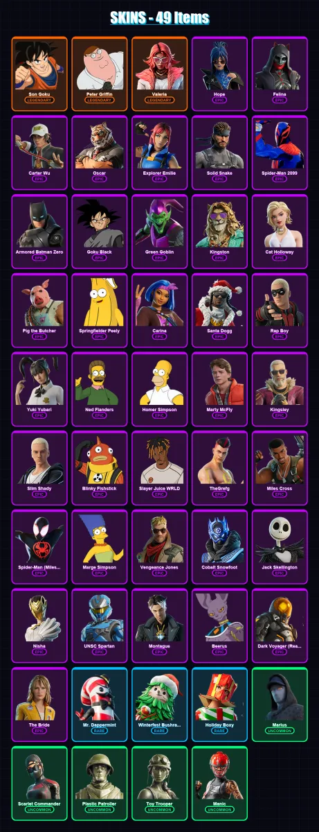 [PS4/PS5/XBOX/PC] | Son Goku | Peter Griffin | Valeria | Hope | Felina | 49 skin | 84 pickaxe | 61 emote | 59 glider | Lv905