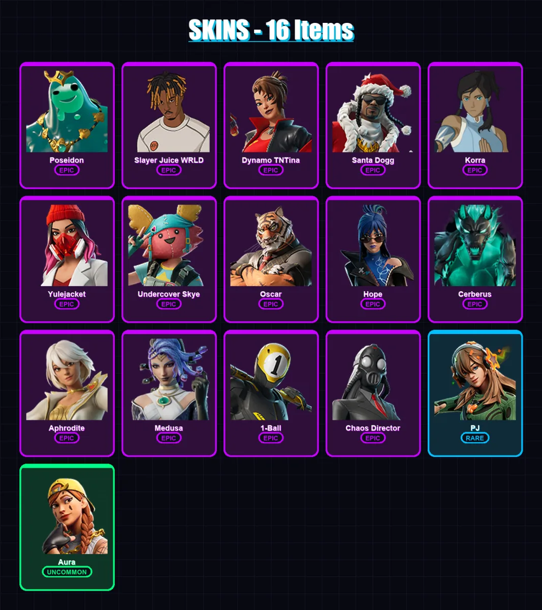 [PC/XBOX/PSN] | Poseidon | Slayer Juice WRLD | Dynamo TNTina | Santa Dogg | Korra | 16 skin | 39 pickaxe | 15 emote | 23 glider | Lv215