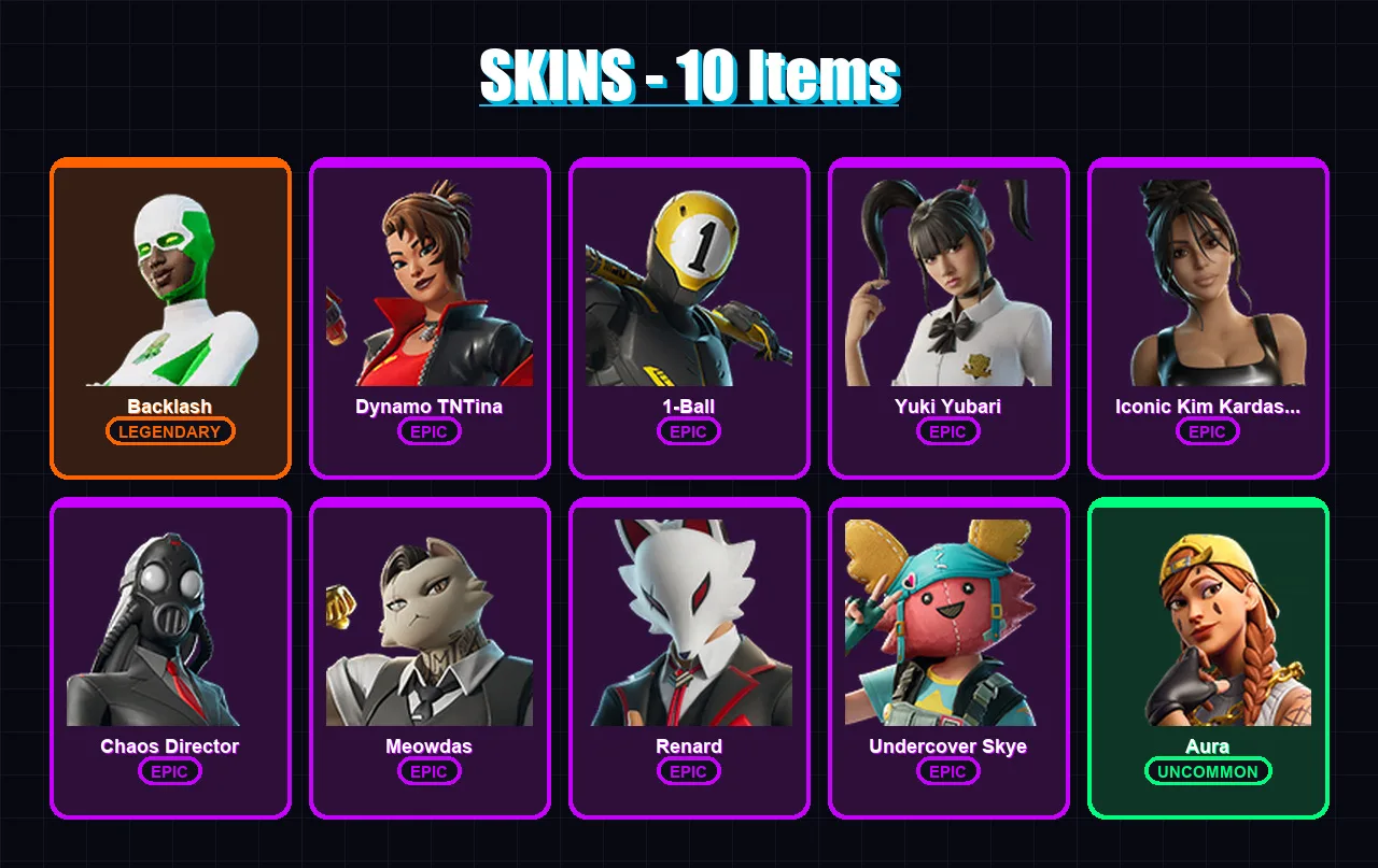 [PC/XBOX/PSN] | Backlash | Dynamo TNTina | 1-Ball | Yuki Yubari | Iconic Kim Kardashian | 10 skin | 39 pickaxe | 14 emote | 25 glider | Lv353 — Fortnite account