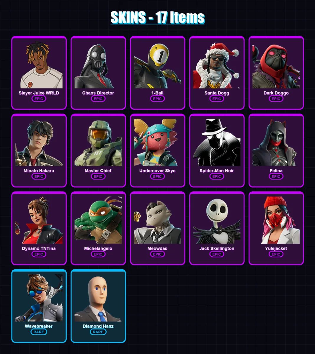 [PC/XBOX/PSN] | Slayer Juice WRLD | Chaos Director | 1-Ball | Santa Dogg | Dark Doggo | 17 skin | 52 pickaxe | 31 emote | 31 glider | Lv761