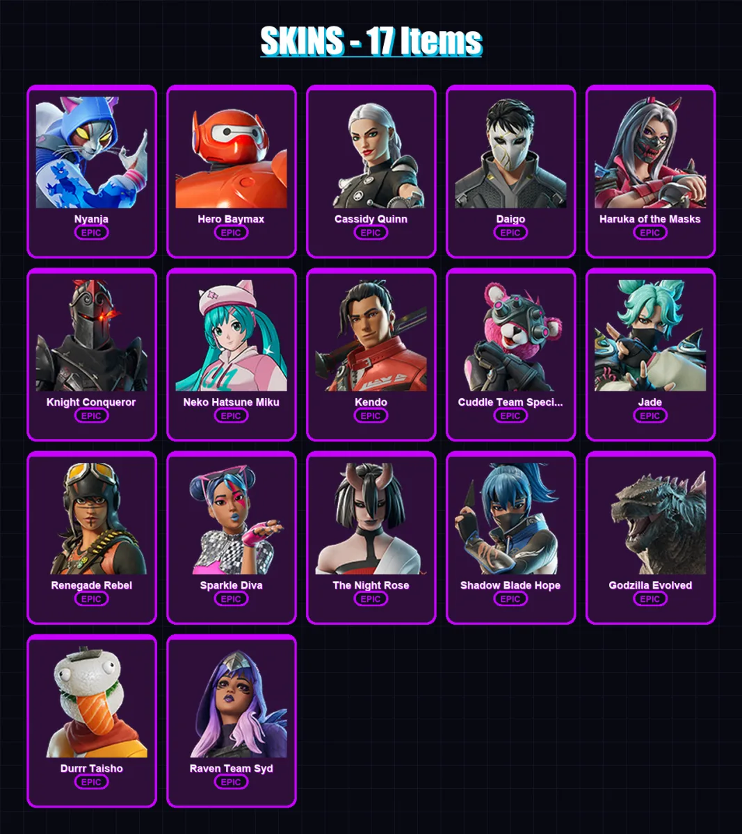 [PC/PSN] | Nyanja | Hero Baymax | Cassidy Quinn | Daigo | Haruka of the Masks | 17 skin | 24 pickaxe | 20 emote | 19 glider | Lv158