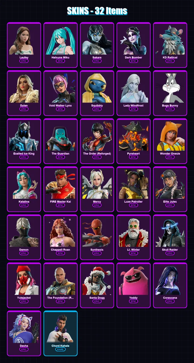 [PC/PSN] | Laufey | Hatsune Miku | Sakara | Dark Bomber | KD Rattical | 32 skin | 48 pickaxe | 27 emote | 27 glider | Lv255