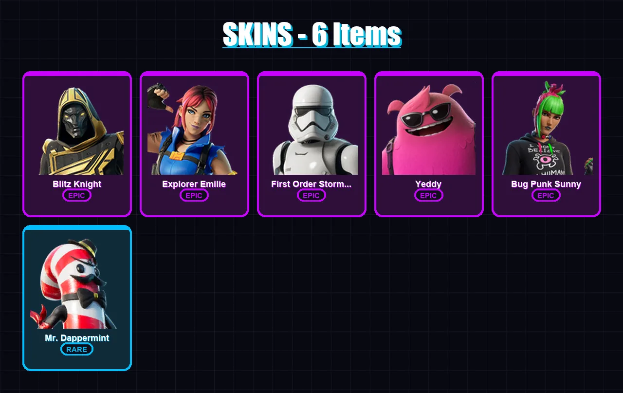 [PC/XBOX/PSN] | Blitz Knight | Explorer Emilie | First Order Stormtrooper | Yeddy | Bug Punk Sunny | 6 skin | 16 pickaxe | 7 emote | 14 glider | Lv1