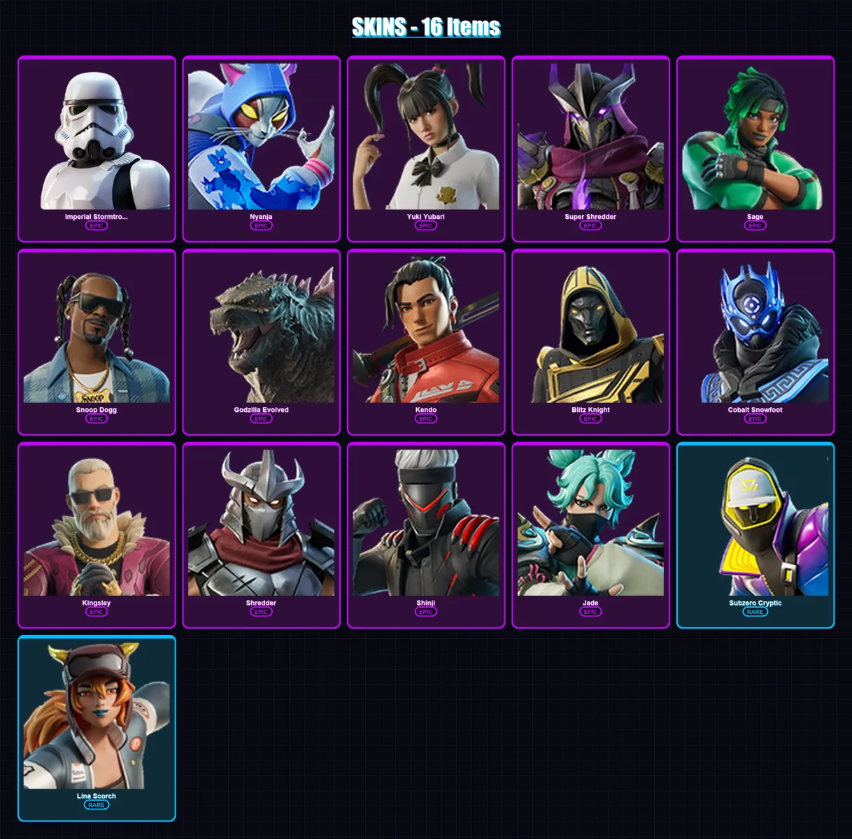 [PC/XBOX] | Imperial Stormtrooper | Nyanja | Yuki Yubari | Super Shredder | Sage | 16 skin | 55 pickaxe | 36 emote | 35 glider | Lv365