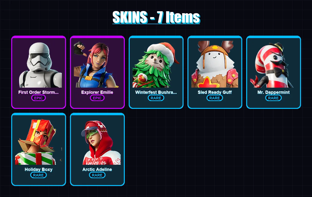 [PC/XBOX/PSN] | First Order Stormtrooper | Explorer Emilie | Winterfest Bushranger | 7 skin | Lv161