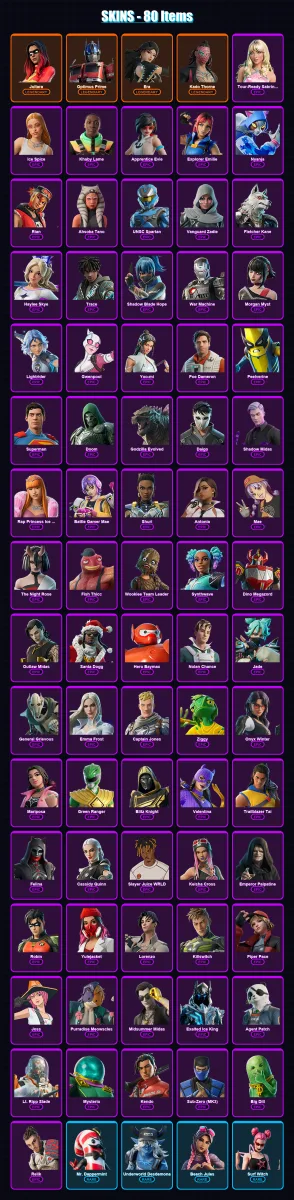 [PC/PSN] | Joltara | Optimus Prime | Era | Kado Thorne | Tour-Ready Sabrina Carpenter | 80 skin | 127 pickaxe | 100 emote | 91 glider | Lv2210