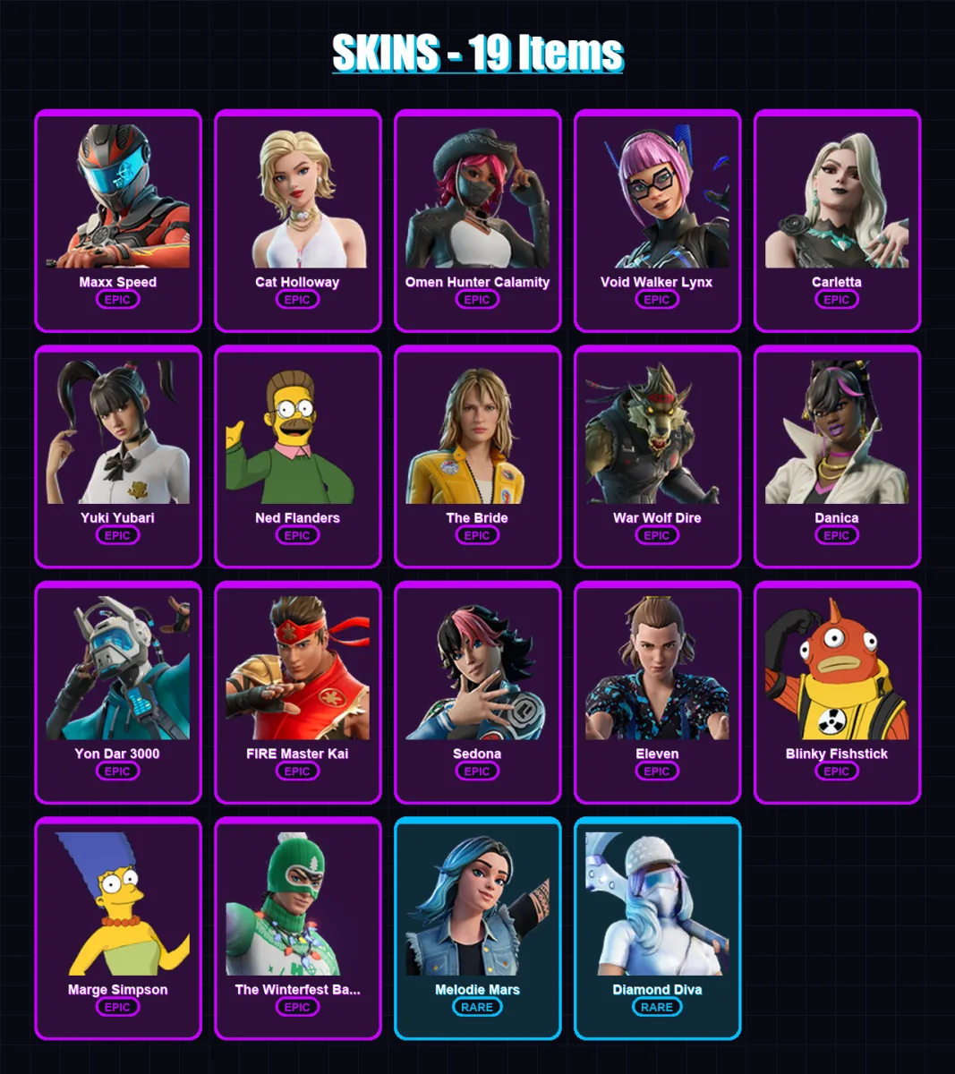 [PC/XBOX/PSN] | Maxx Speed | Cat Holloway | Omen Hunter Calamity | Void Walker Lynx | Carletta | 19 skin | 24 pickaxe | 18 emote | 15 glider | Lv94