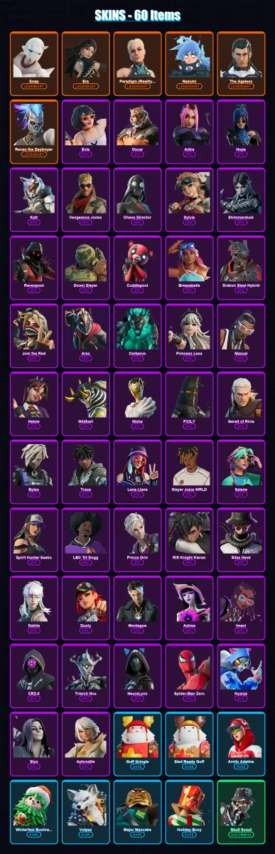 [PC/PSN] | Snap | Era | Paradigm (Reality-659) | Nezumi | The Ageless | 60 skin | 54 pickaxe | 24 emote | 30 glider | Lv300