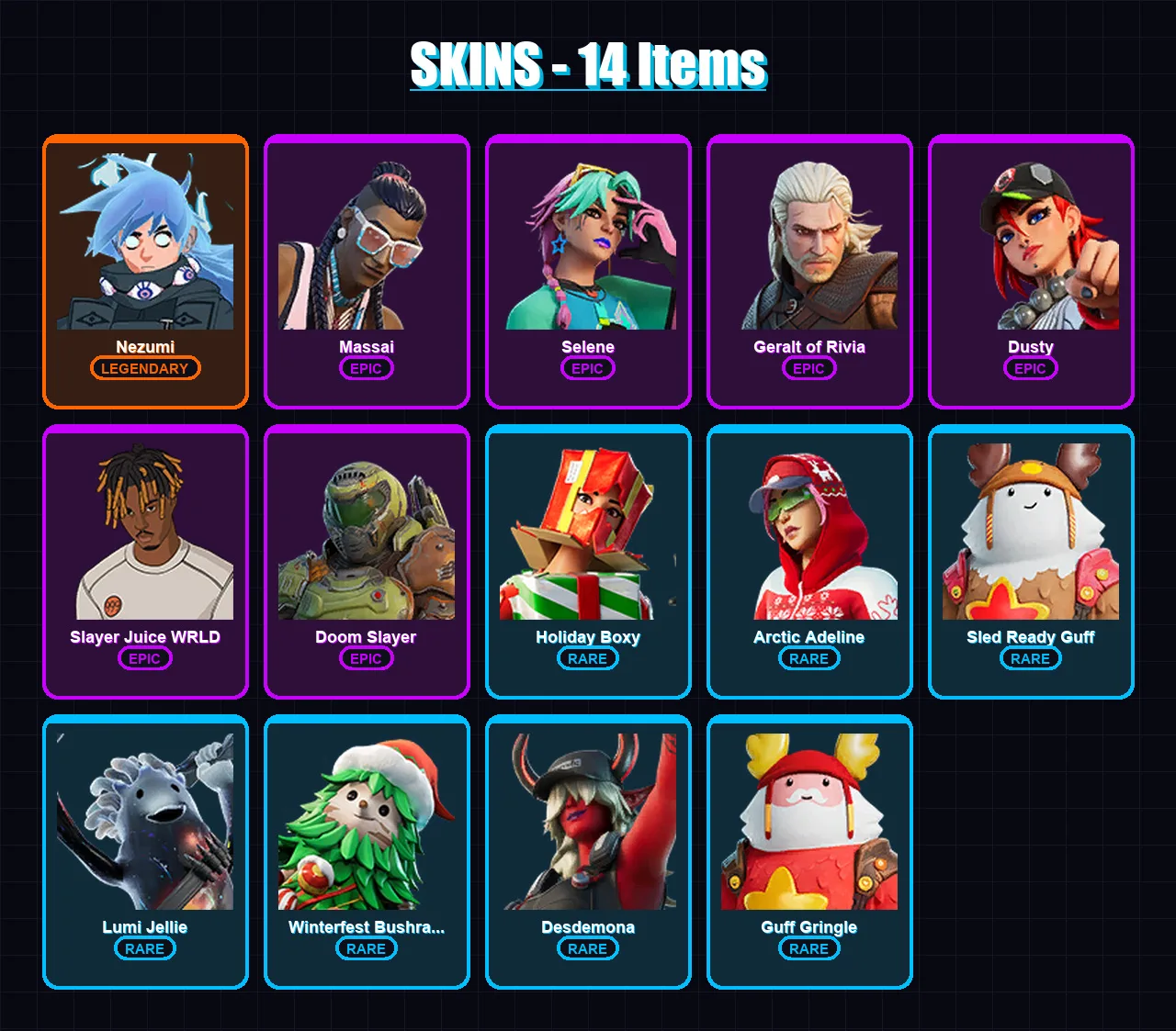 [PC/XBOX/PSN] | Nezumi | Massai | Selene | Geralt of Rivia | Dusty | 14 skin | 21 pickaxe | 14 emote | 23 glider | Lv233