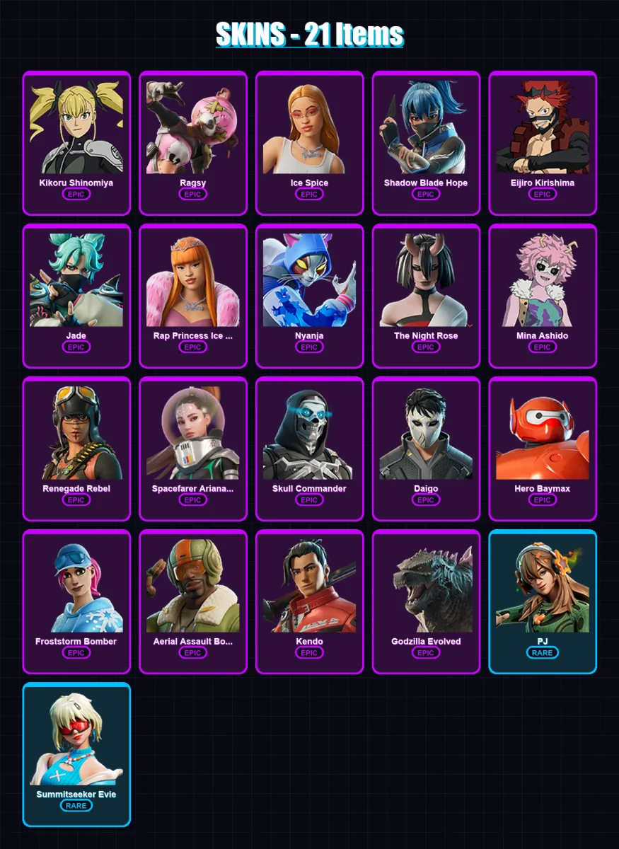 [PC/XBOX] | Kikoru Shinomiya | Ragsy | Ice Spice | Shadow Blade Hope | Eijiro Kirishima | 21 skin | 25 pickaxe | 33 emote | 17 glider | Lv539