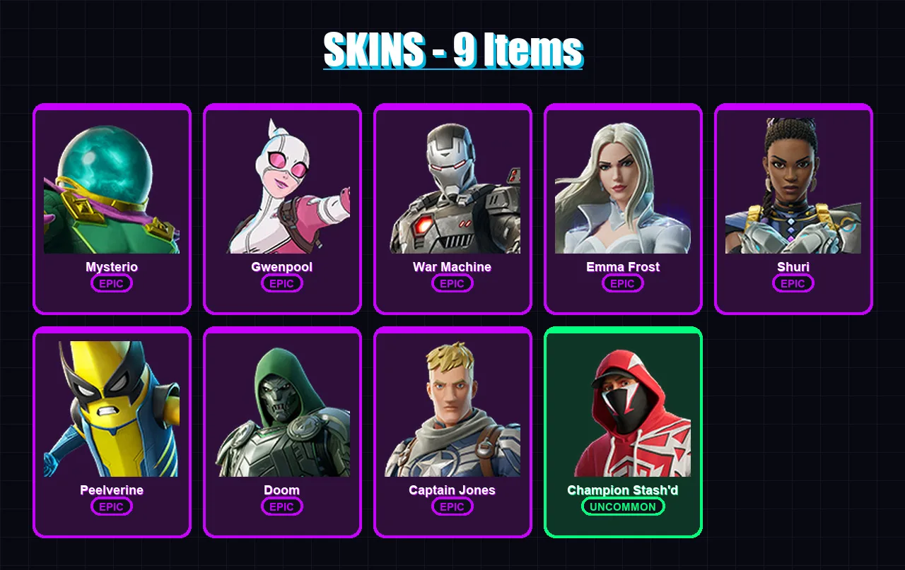 [PC/XBOX/PSN] | Mysterio | Gwenpool | War Machine | Emma Frost | Shuri | 9 skin | 19 pickaxe | 14 emote | 18 glider | Lv168