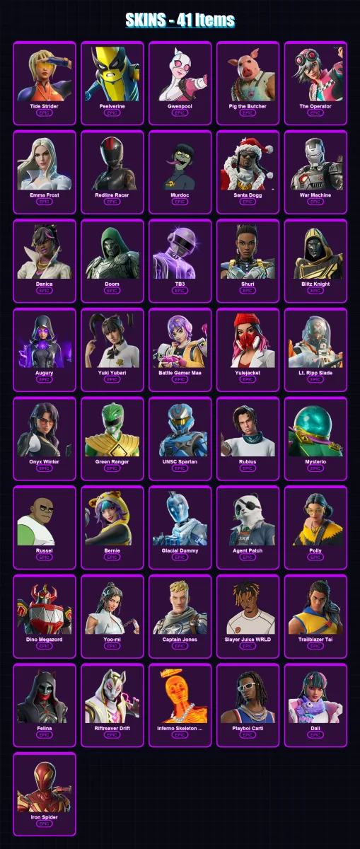 [PC] | Tide Strider | Peelverine | Gwenpool | Pig the Butcher | The Operator | 41 skin | 94 pickaxe | 54 emote | 52 glider | Lv770