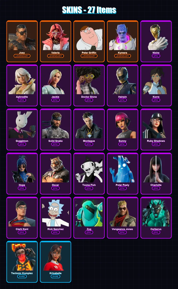 [PC/XBOX/PSN] | Joey | Valeria | Peter Griffin | Kymera | Nisha | 27 skin | 36 pickaxe | 39 emote | 37 glider | Lv500