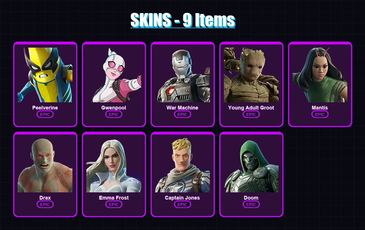 [PC/PSN] | Peelverine | Gwenpool | War Machine | Young Adult Groot | Mantis | 9 skin | 13 pickaxe | 13 emote | 11 glider | Lv135