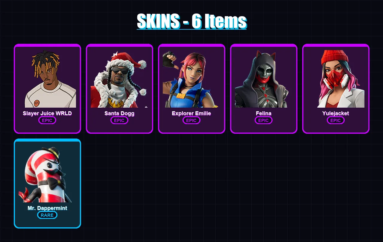 [PC/XBOX/PSN] | Slayer Juice WRLD | Santa Dogg | Explorer Emilie | Felina | Yulejacket | 6 skin | 39 pickaxe | 19 emote | 19 glider | Lv374
