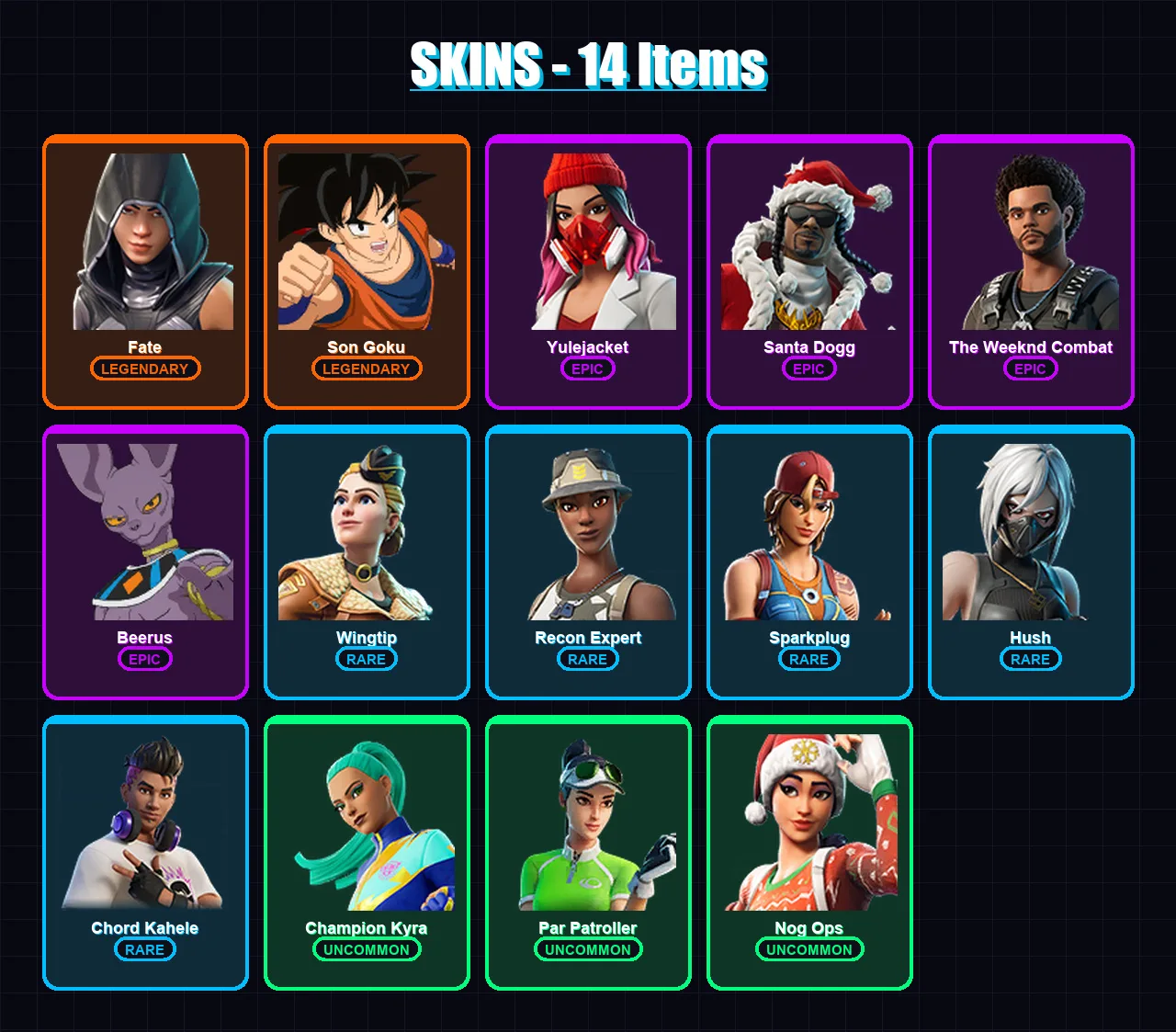[PC/XBOX/PSN] | Fate | Son Goku | Yulejacket | Santa Dogg | The Weeknd Combat | 14 skin | 15 pickaxe | 10 emote | 7 glider | Lv64