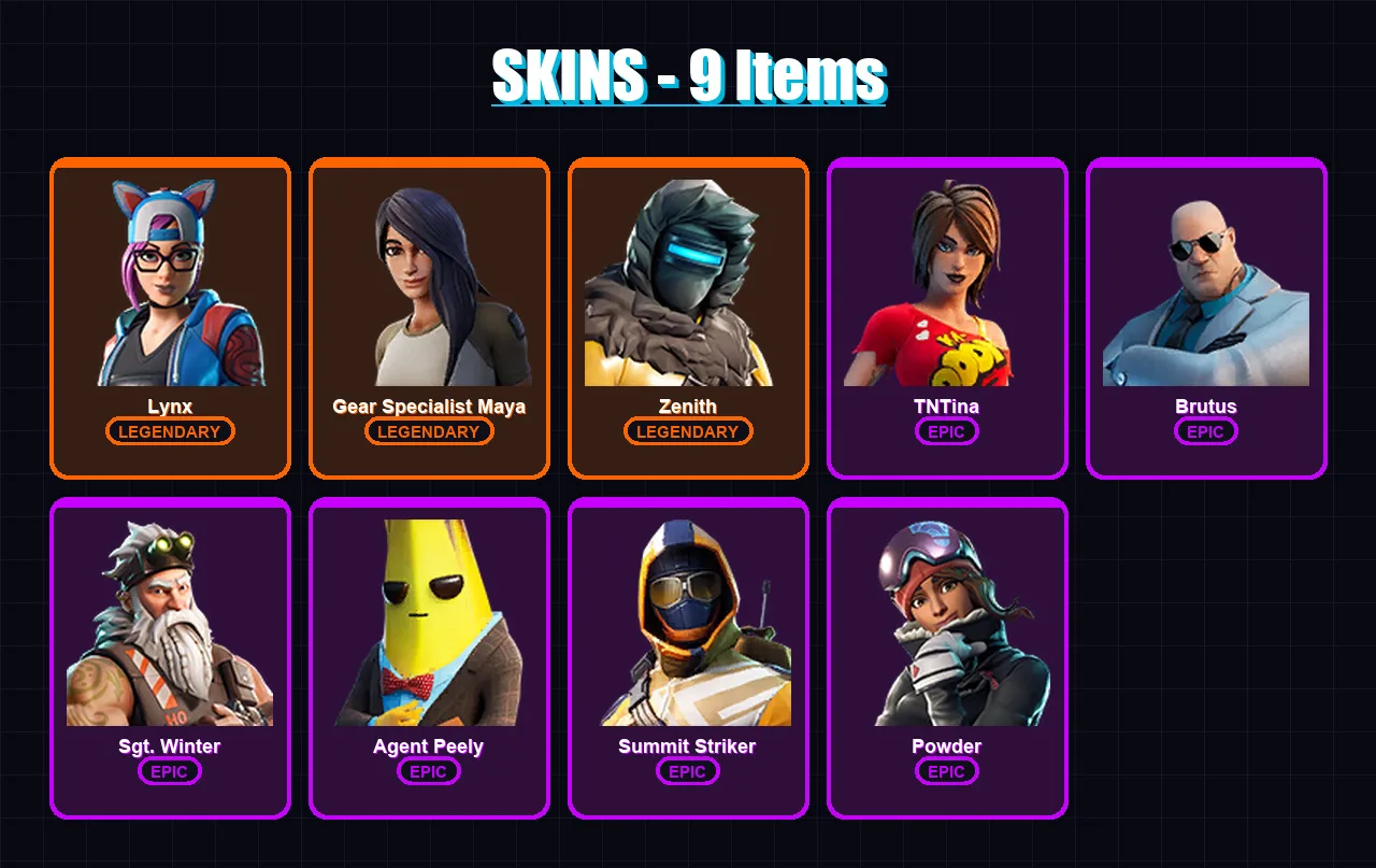 [PC/XBOX/PSN] | Lynx | Gear Specialist Maya | Zenith | TNTina | Brutus | 9 skin | 13 pickaxe | 13 emote | 17 glider | Lv314
