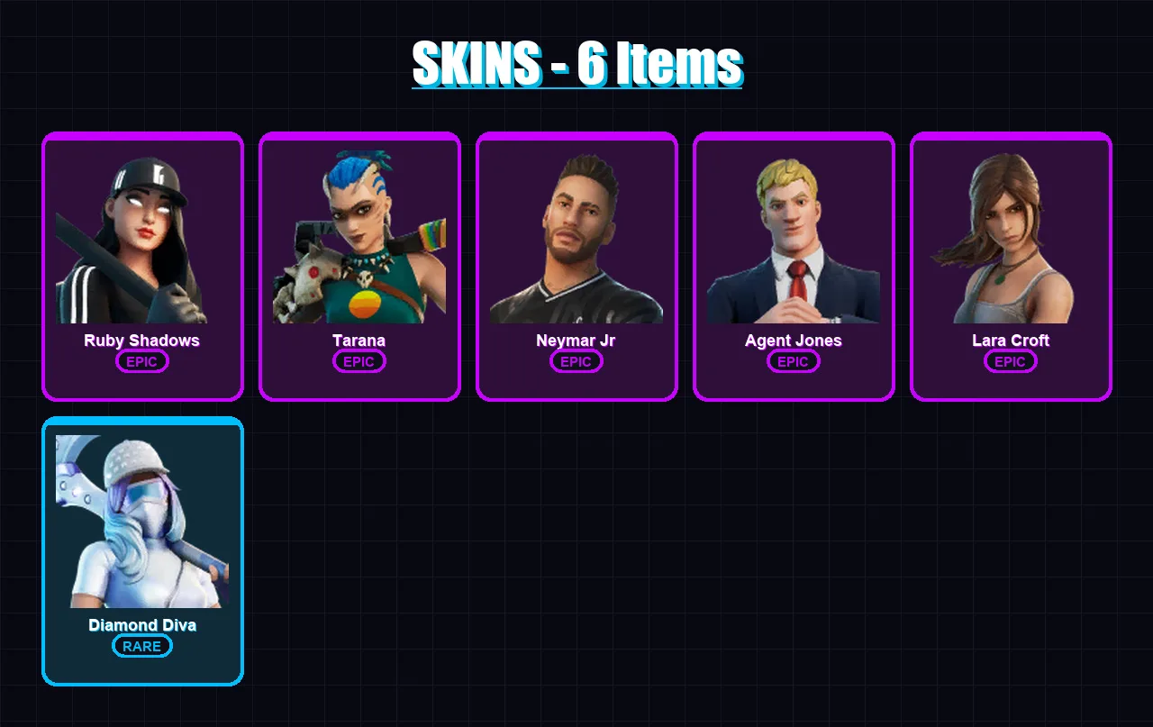 [PC/XBOX/PSN] | Ruby Shadows | Tarana | Neymar Jr | Agent Jones | Lara Croft | 6 skin | 8 pickaxe | 14 emote | 12 glider | Lv145