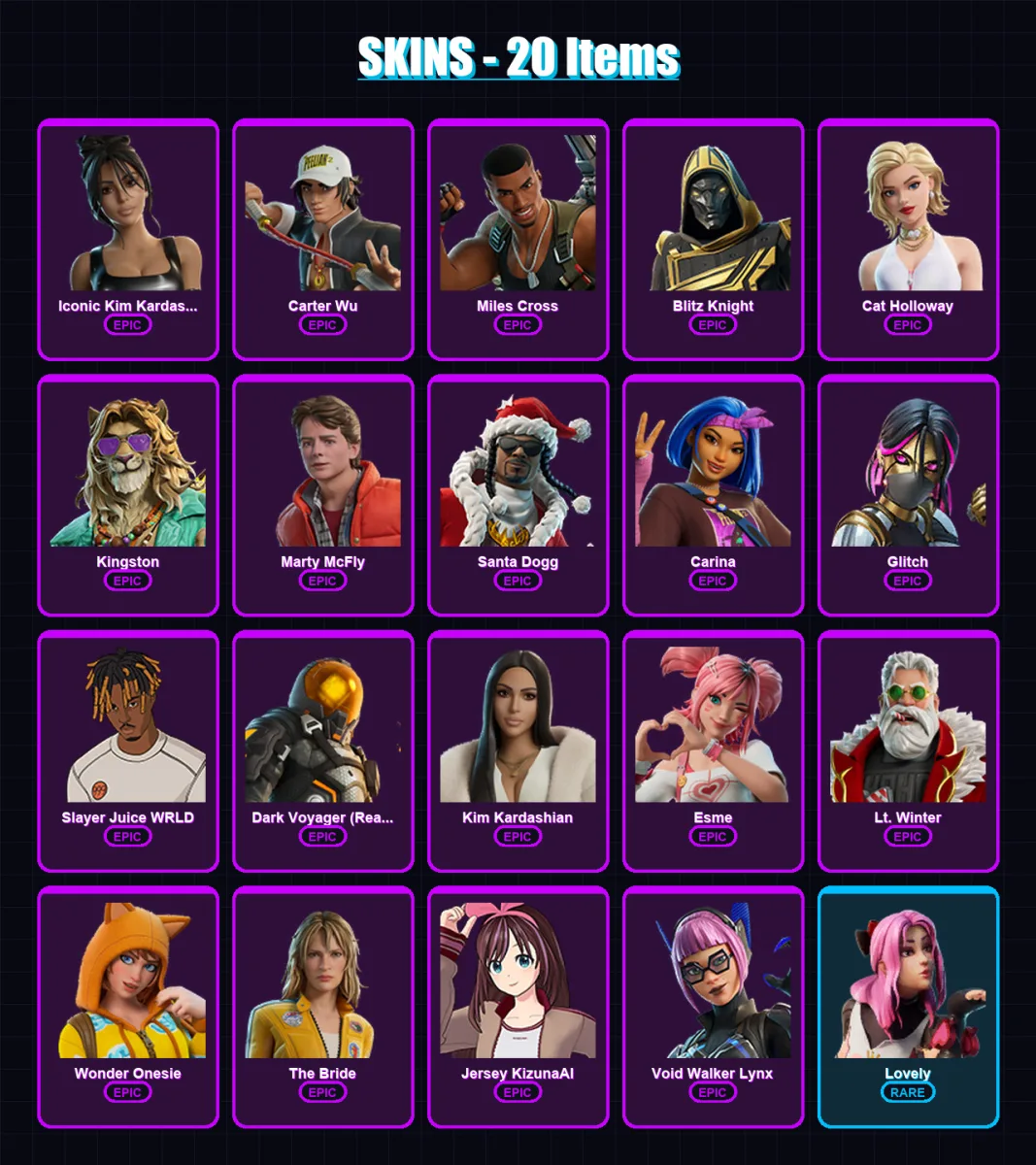 [PS4/PS5/PC] | Iconic Kim Kardashian | Carter Wu | Miles Cross | Blitz Knight | Cat Holloway | 20 skin | 49 pickaxe | 41 emote | 32 glider | Lv411