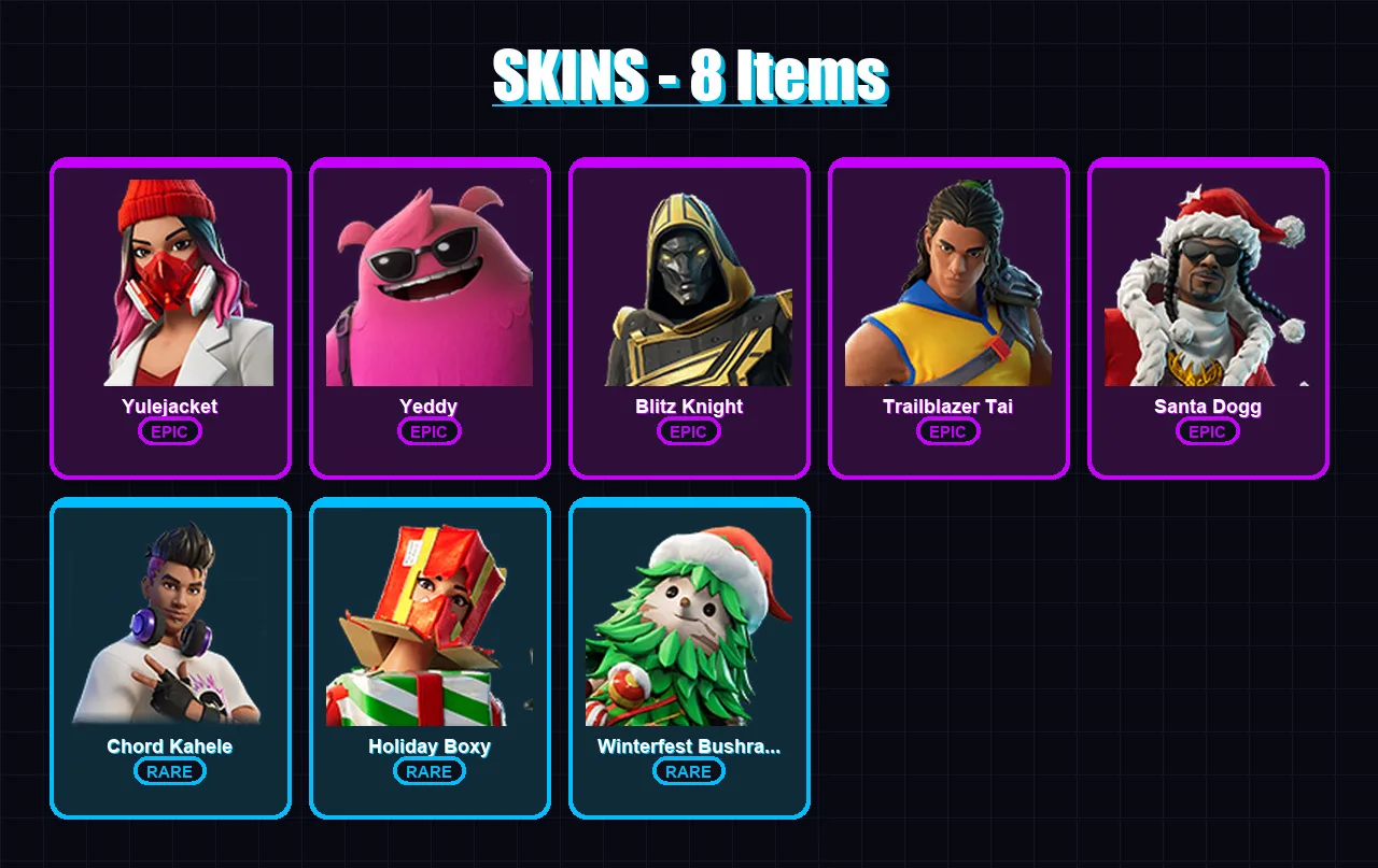 [PC] | Yulejacket | Yeddy | Blitz Knight | Trailblazer Tai | Santa Dogg | 8 skin | 37 pickaxe | 16 emote | 23 glider | Lv266